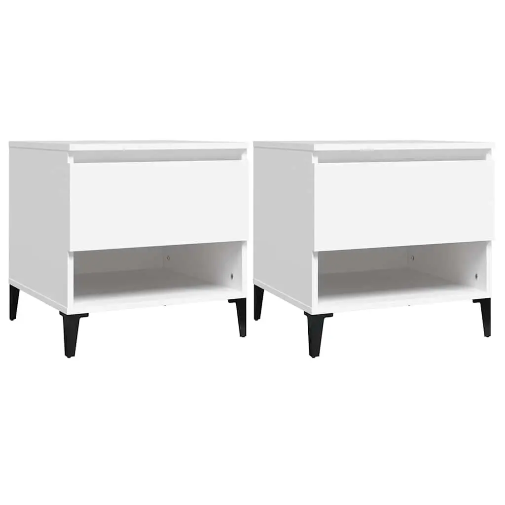 2 Piece Side Tables White Engineered Wood with Storage Drawer and Metal Feet 50x46x50cm