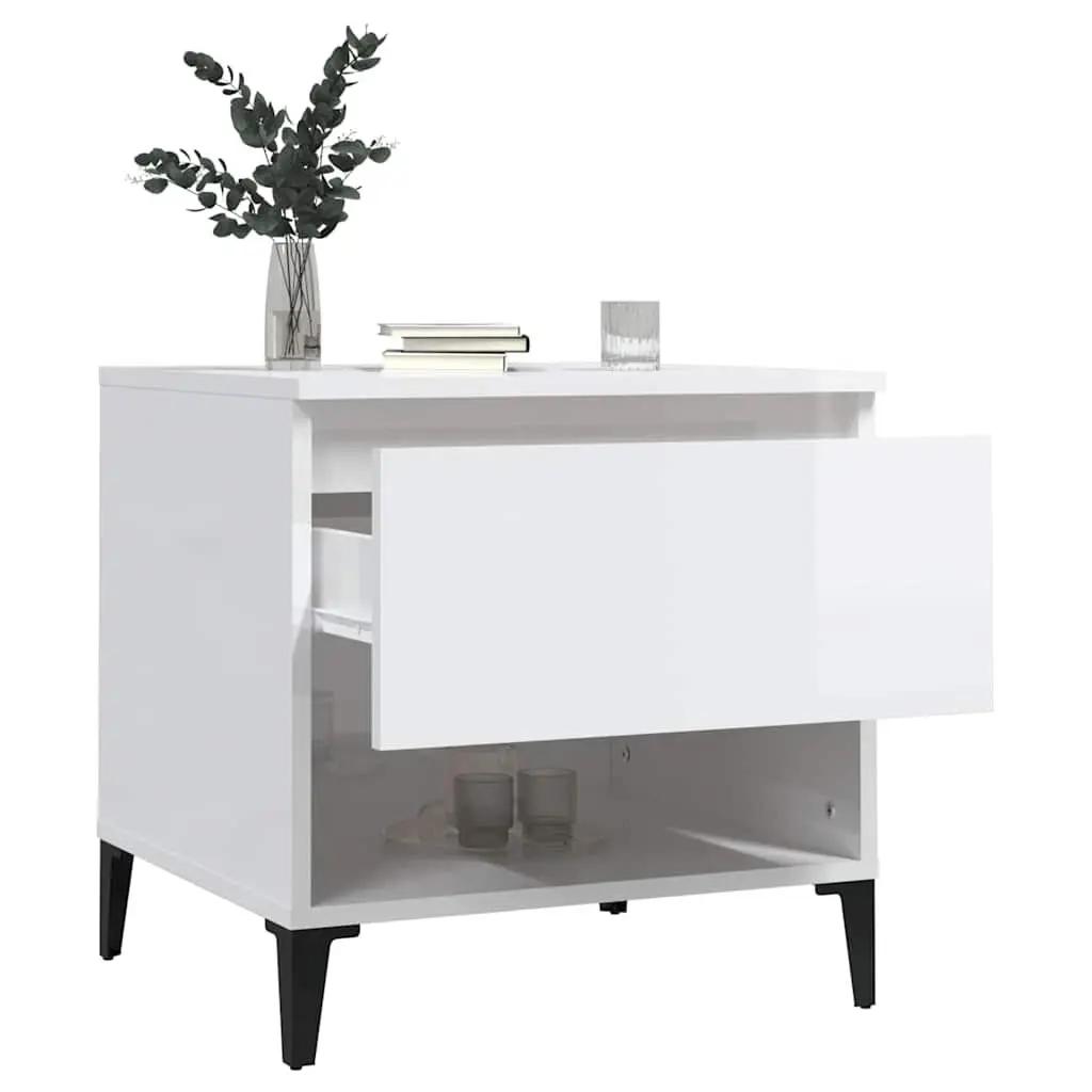 End Table Engineered Wood 50cm White High Gloss Storage Drawer Compartment