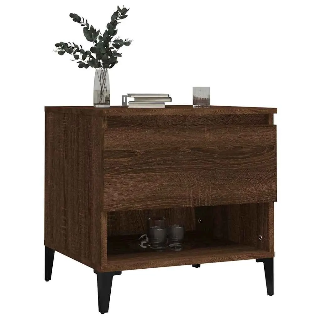 Brown Oak Engineered Wood End Tables 2 Piece with Drawer Storage for Living Room