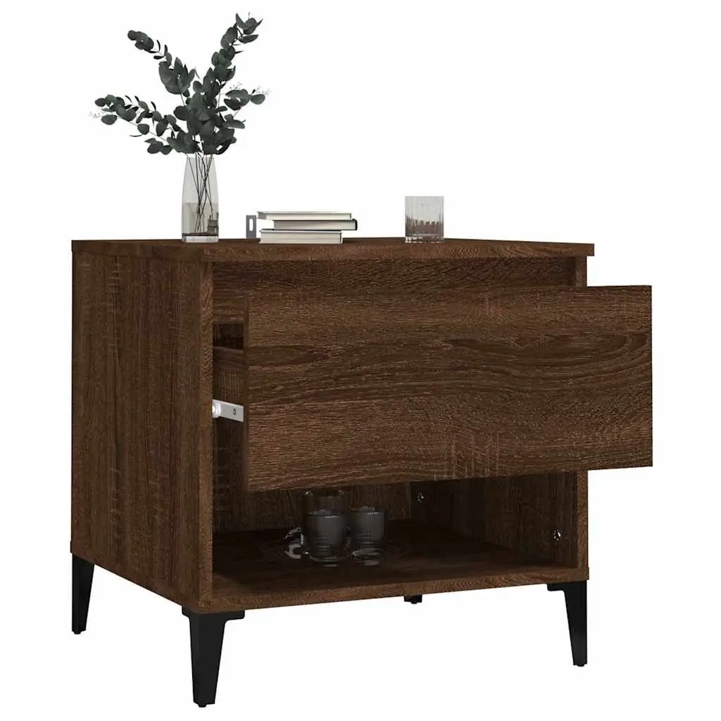 Brown Oak Engineered Wood End Tables 2 Piece with Drawer Storage for Living Room
