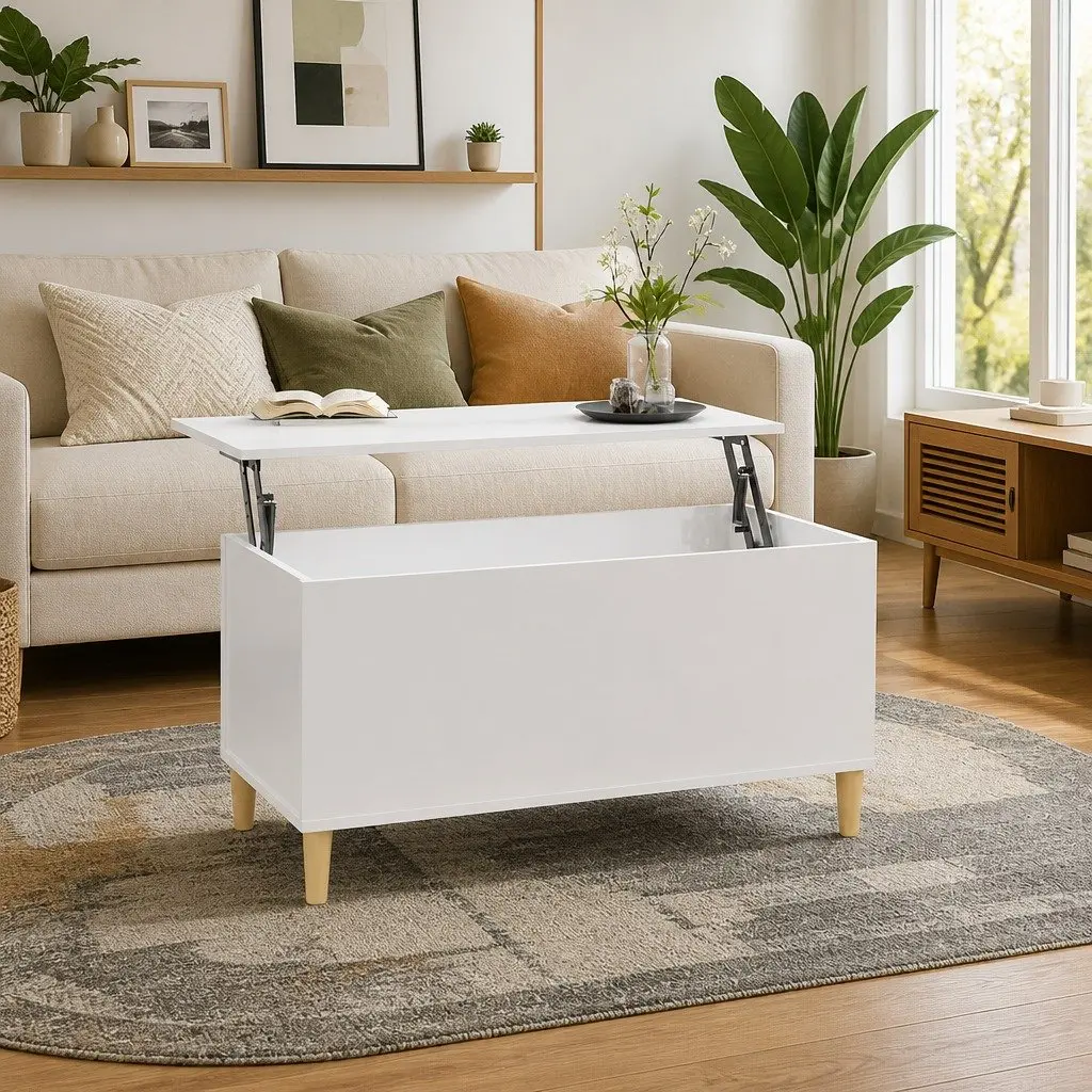 Coffee Table Engineered Wood Lift Top 90x44.5x45cm White High Gloss