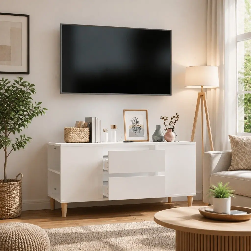 White TV Cabinet with Storage for Media Devices