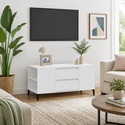 TV Cabinet White 102x44.5x50 cm with Open Compartments Drawers Storage Unit