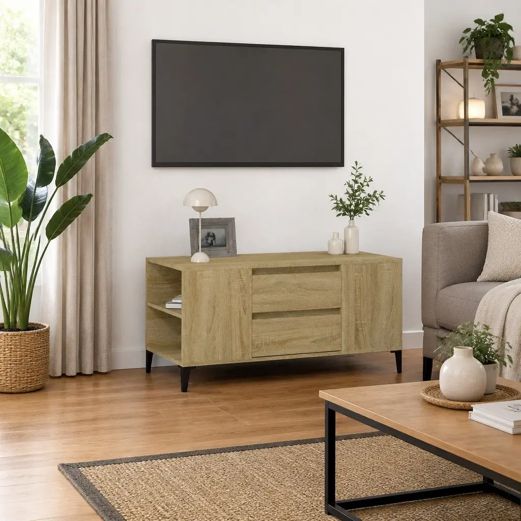 TV Stand Engineered Wood Brown Sonoma Oak Storage Unit with Drawers 102cm