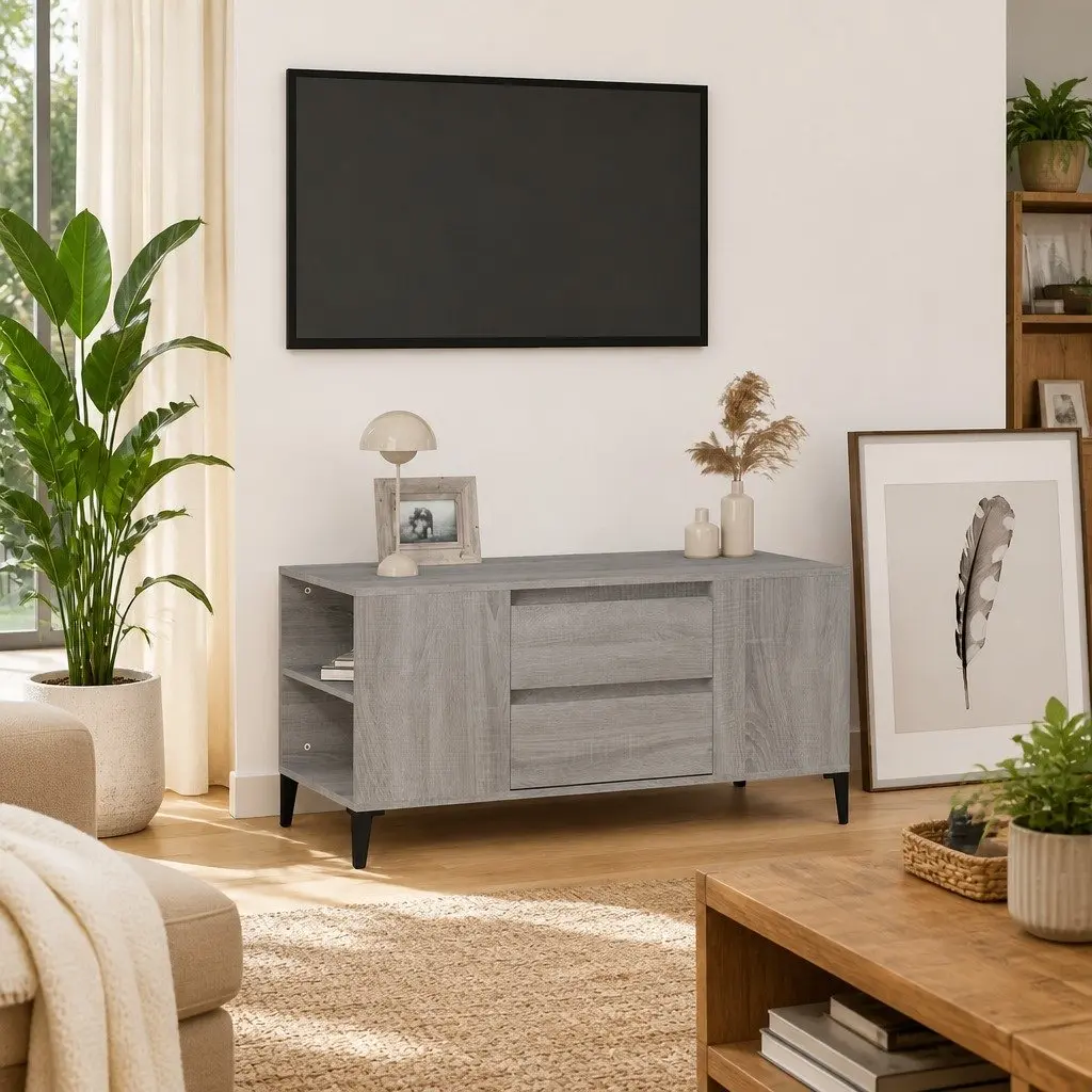 TV Cabinet Engineered Wood Grey Sonoma Industrial Style 4 Compartments 2 Drawers