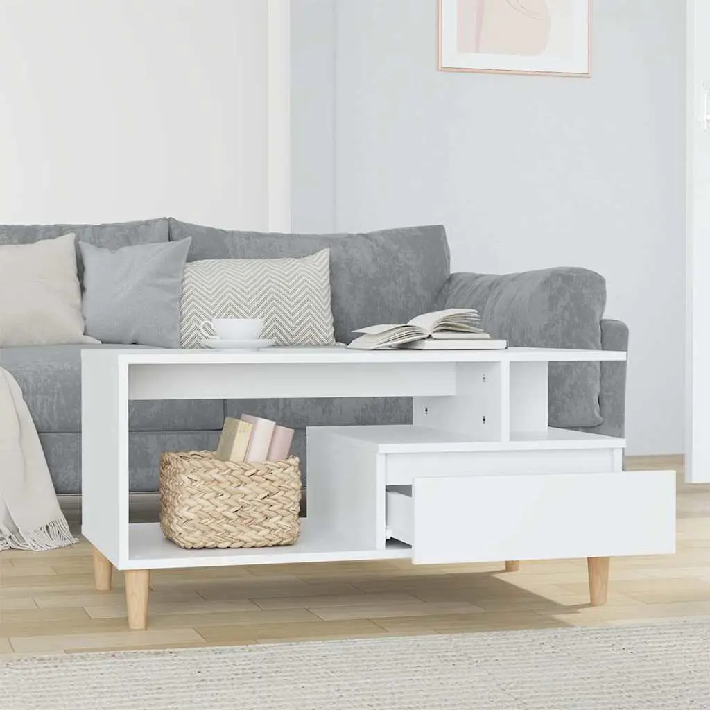Coffee Table Engineered Wood 90x49x45 cm White with Drawer Storage Compartments