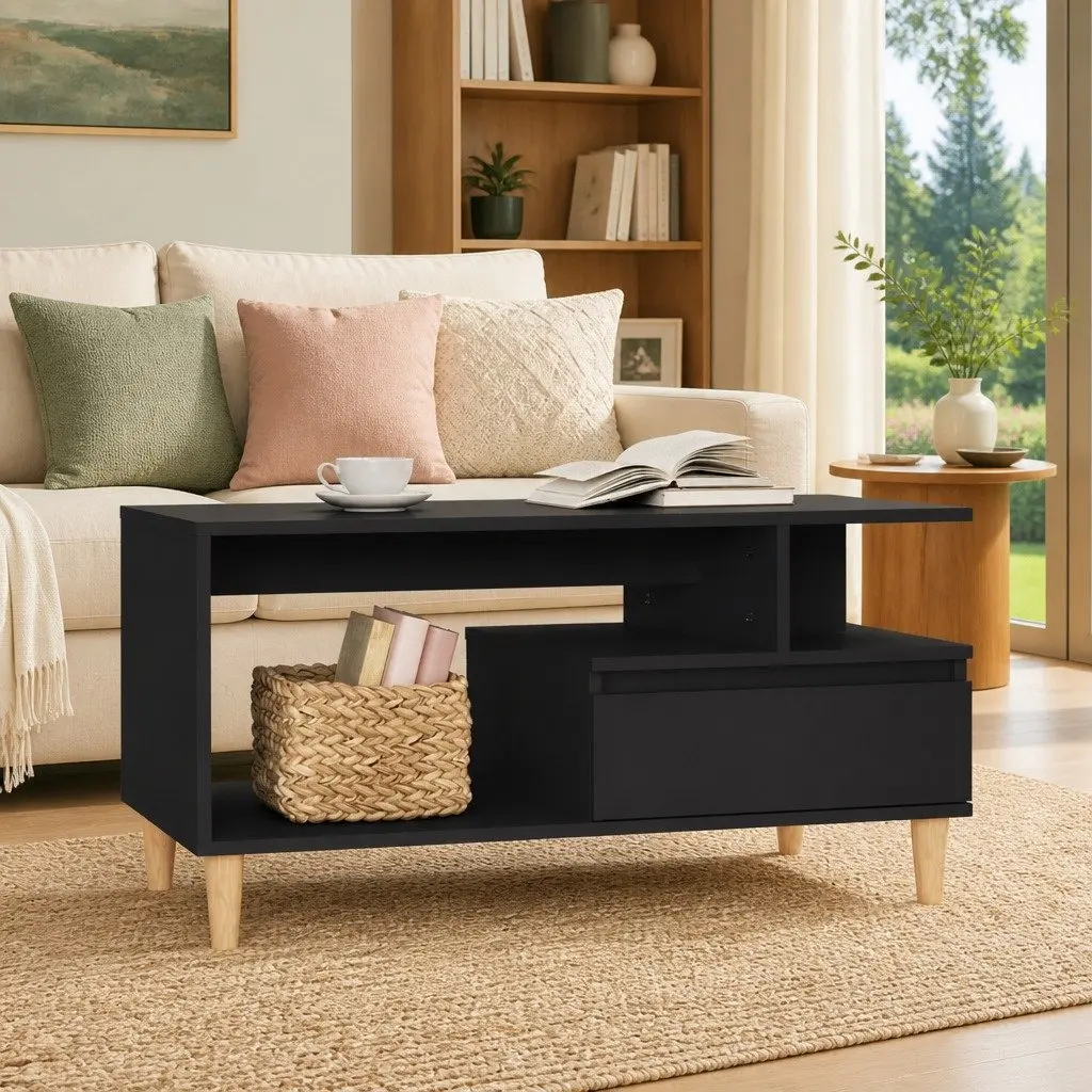 Coffee Table Engineered Wood Black with Drawer Storage Compartments 90L x 49W x 45H cm