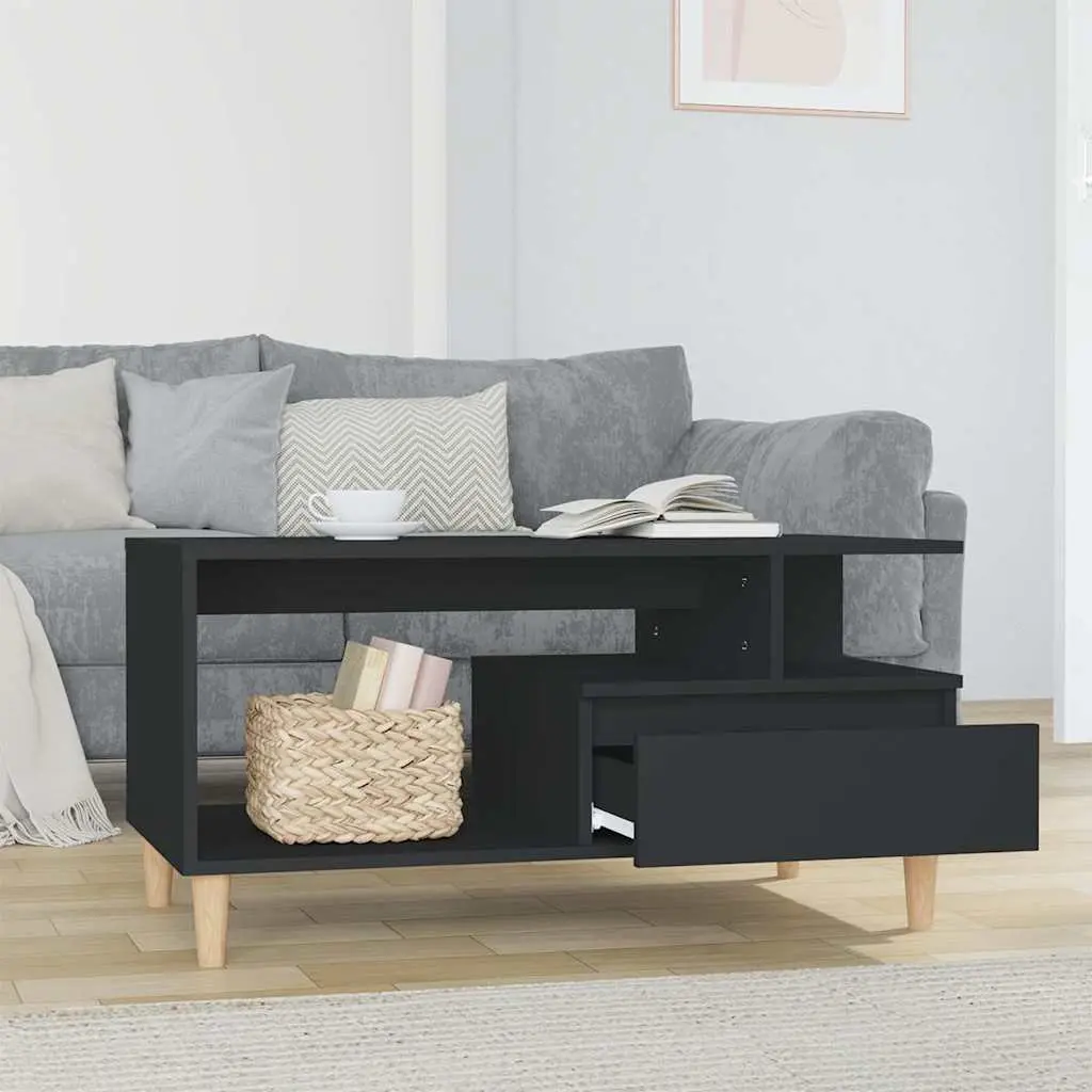 Coffee Table Engineered Wood Black with Drawer Storage Compartments 90L x 49W x 45H cm
