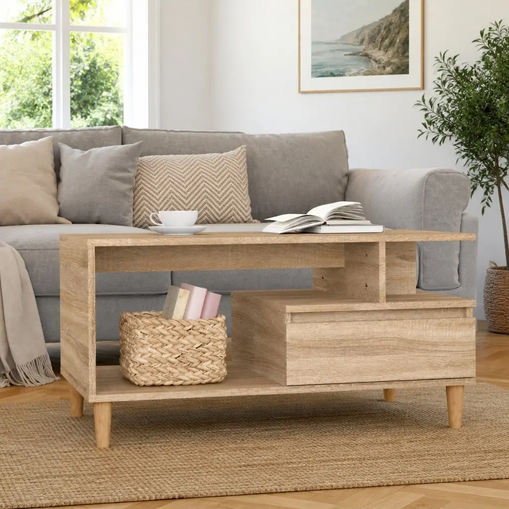 Coffee Table Engineered Wood Brown Open Shelves Storage Drawer Wooden Legs
