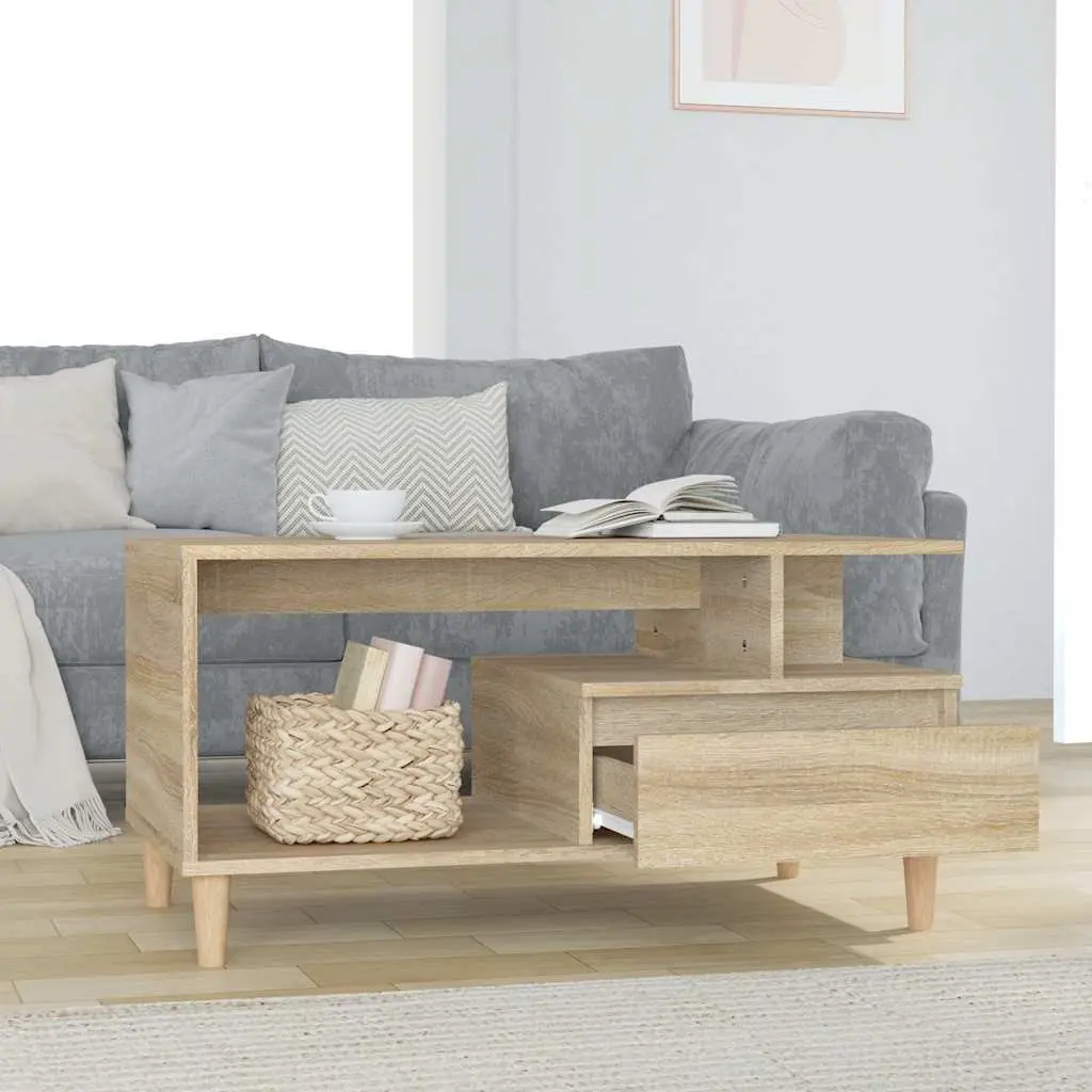 Coffee Table Engineered Wood Brown Open Shelves Storage Drawer Wooden Legs