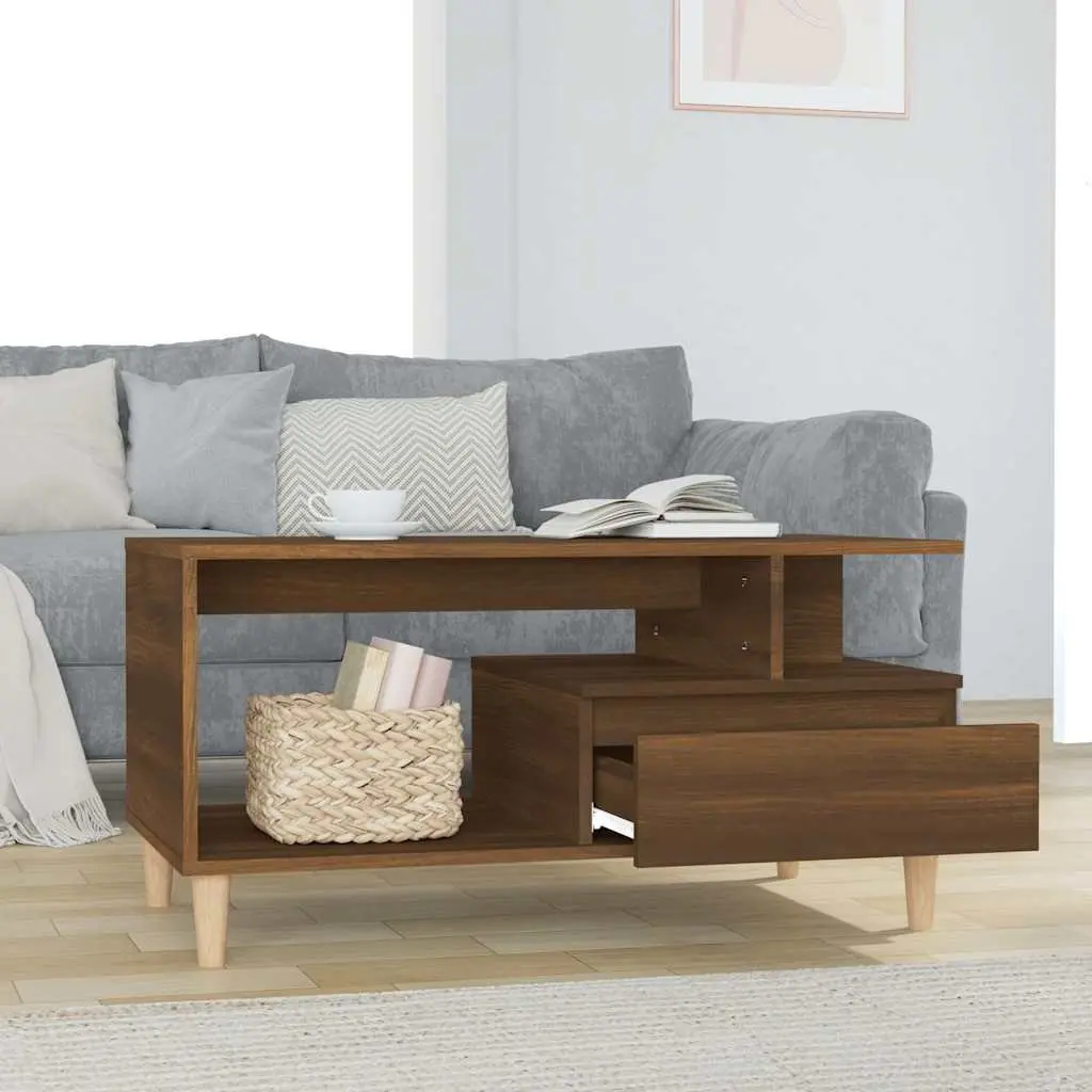 Coffee Table Engineered Wood Brown Oak Open Compartment Storage Drawer 90 x 49 x 45 cm