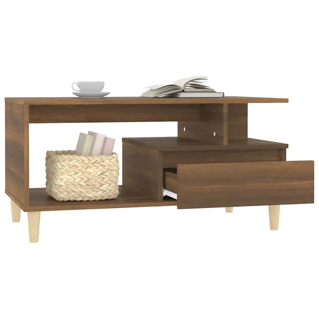 Coffee Table Engineered Wood Brown Oak Open Compartment Storage Drawer 90 x 49 x 45 cm