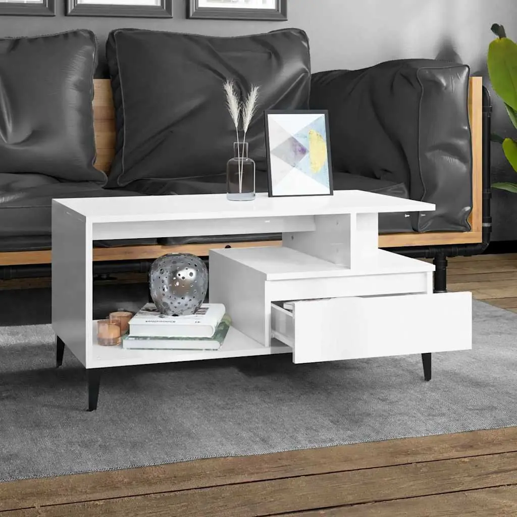Coffee Table White High Gloss Living Room Furniture Storage Engineered Wood