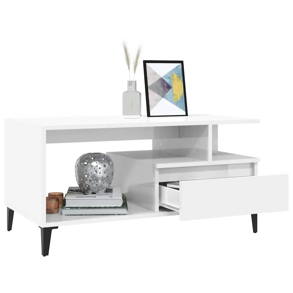 Coffee Table White High Gloss Living Room Furniture Storage Engineered Wood