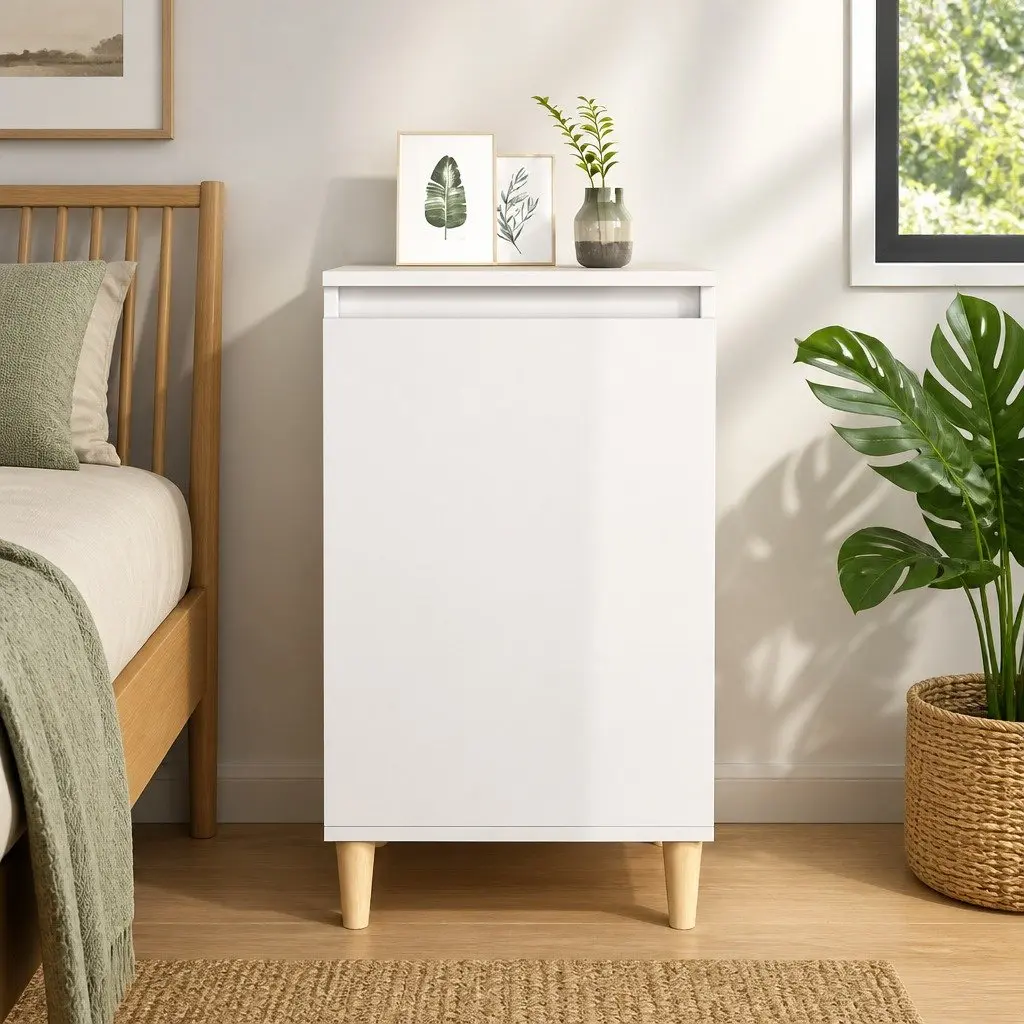 Bedside Cabinet Engineered Wood 40x35x70cm White High Gloss Wooden Legs