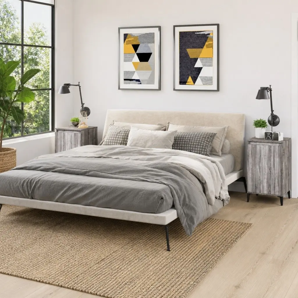 2 Piece Bedside Cabinets Grey Engineered Wood Nightstand Storage with Metal Legs