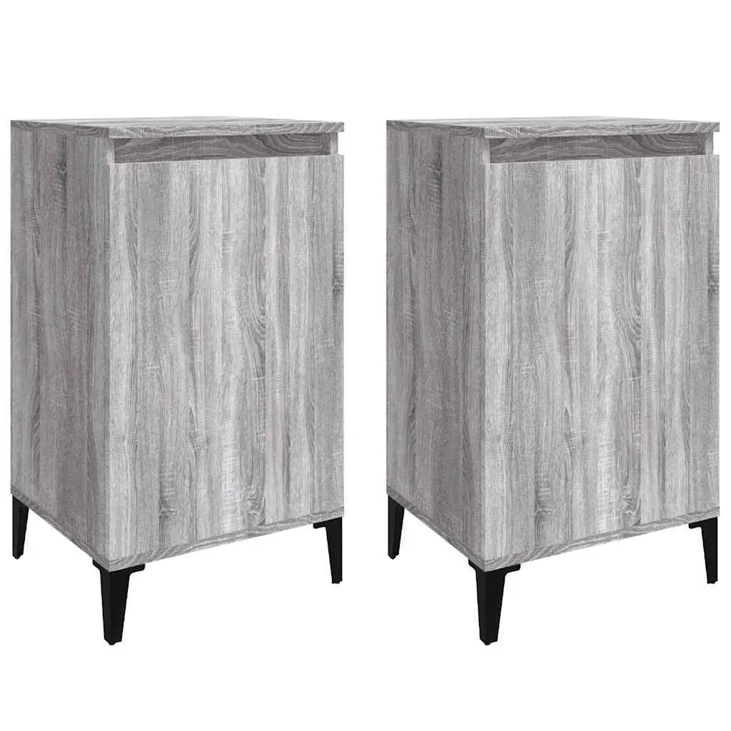 2 Piece Bedside Cabinets Grey Engineered Wood Nightstand Storage with Metal Legs