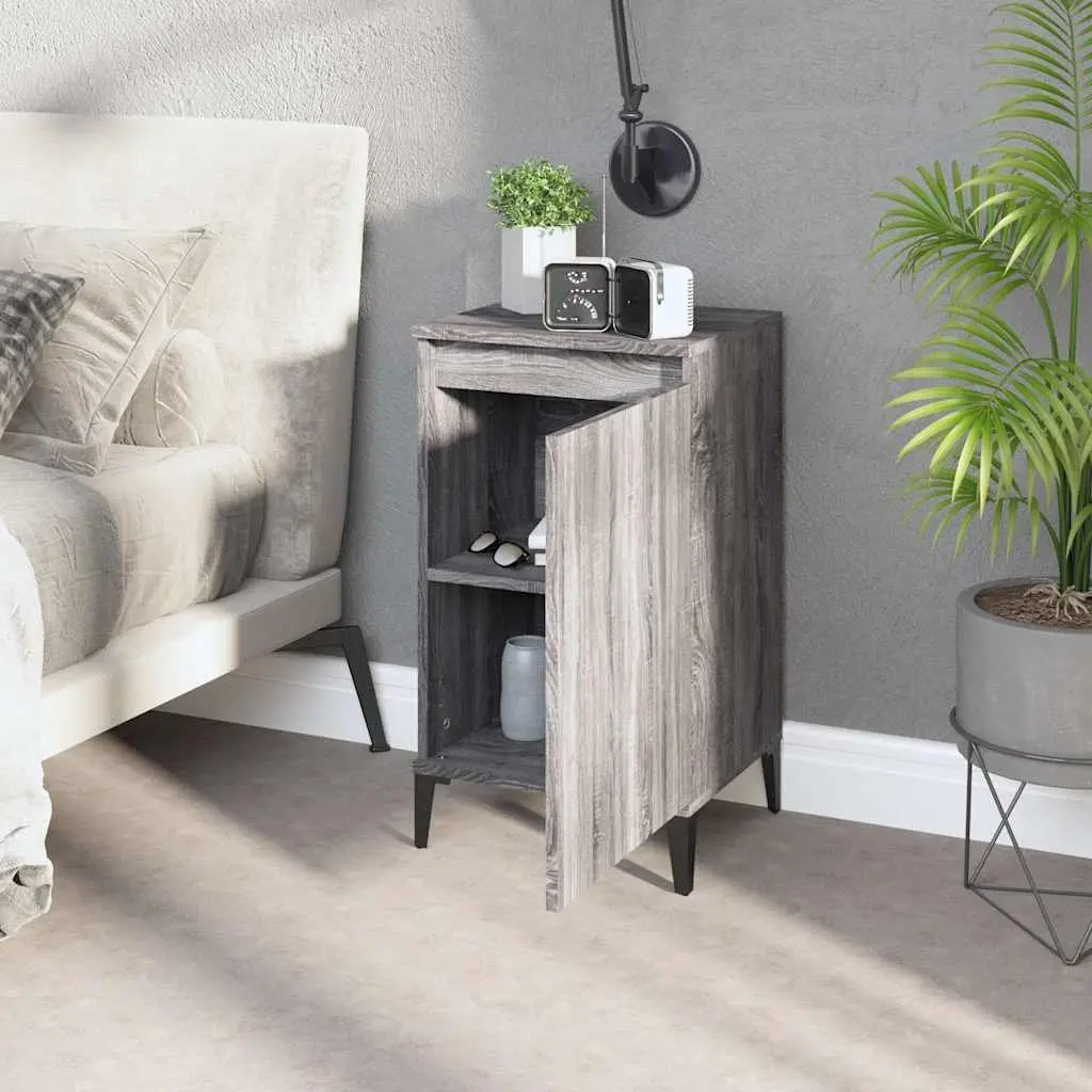 2 Piece Bedside Cabinets Grey Engineered Wood Nightstand Storage with Metal Legs