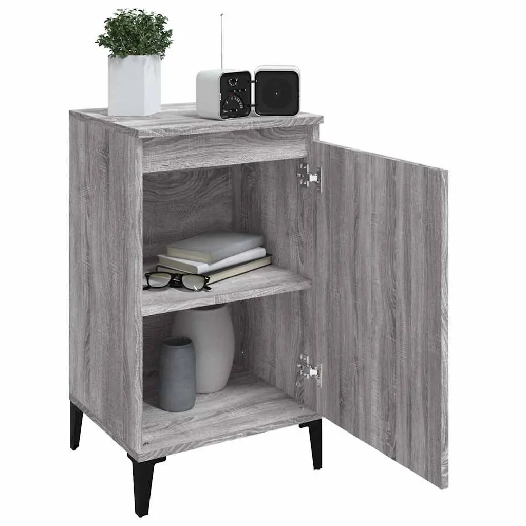 2 Piece Bedside Cabinets Grey Engineered Wood Nightstand Storage with Metal Legs