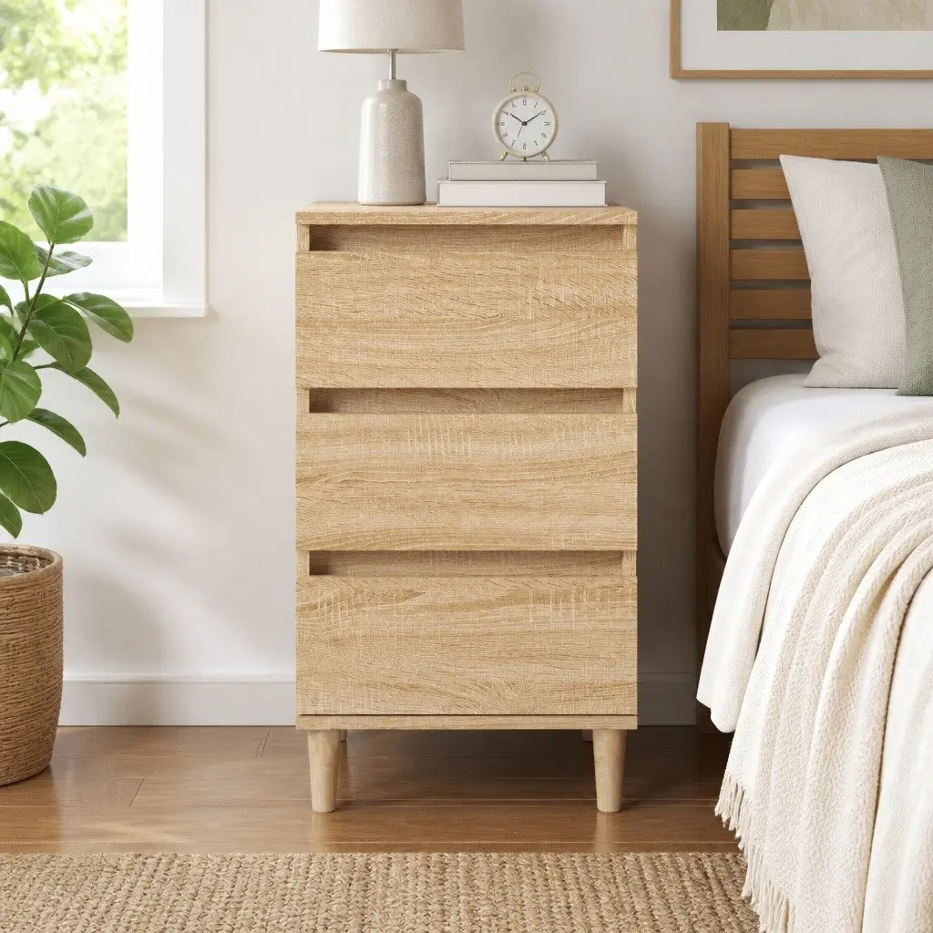 Bedside Cabinet Engineered Wood 3 Drawer Brown Nightstand Storage Table