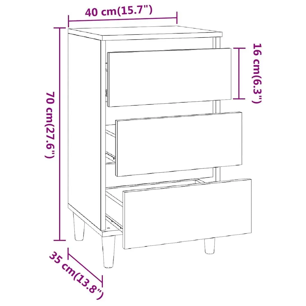 Bedside Cabinet Engineered Wood 40x35x70cm Brown 3 Drawer Nightstand Storage