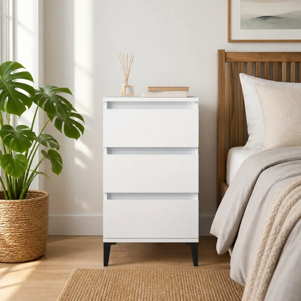 Industrial Style Nightstand White 3 Drawer Storage 40x35x70cm Engineered Wood with Metal Feet Bedside Table