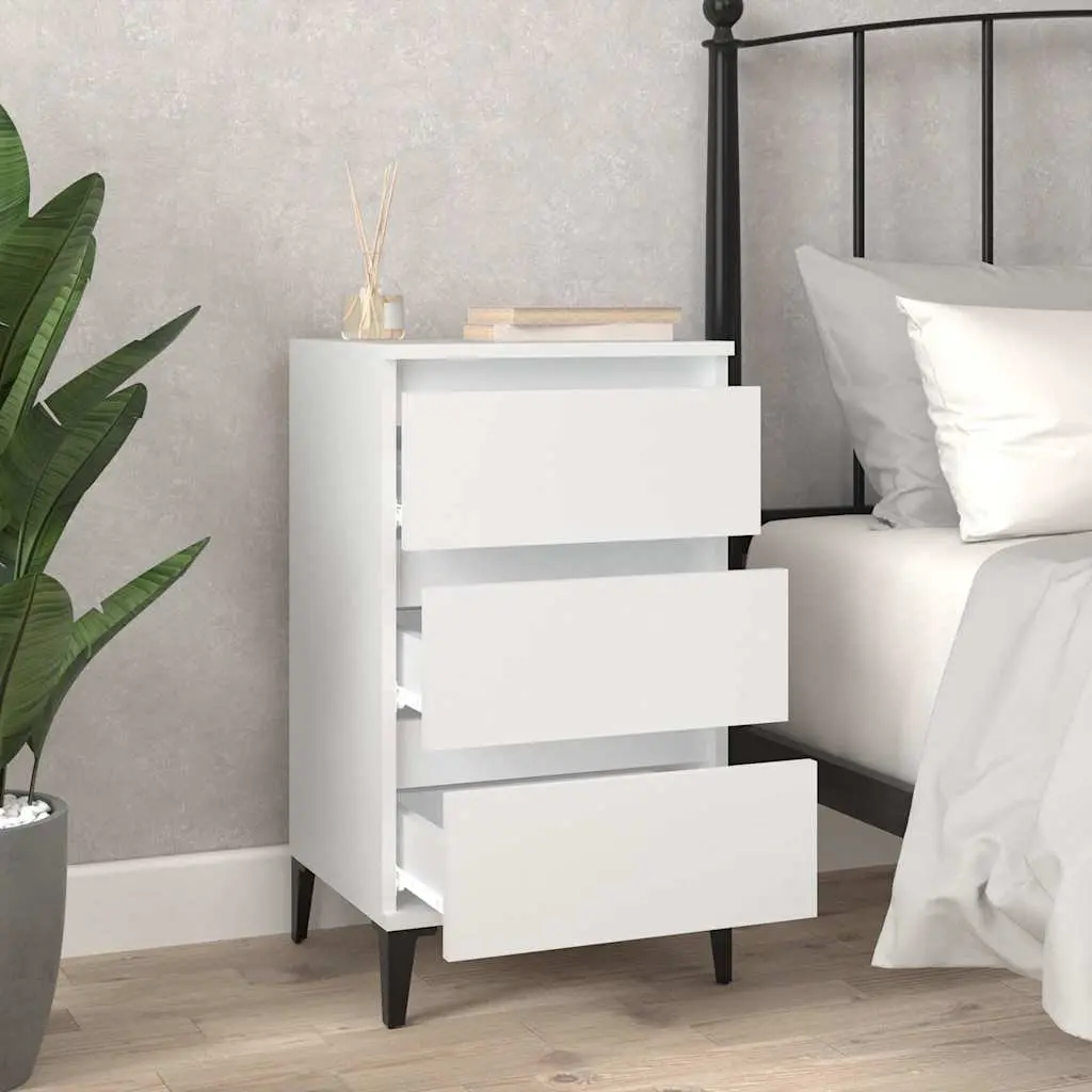 Industrial Style Nightstand White 3 Drawer Storage 40x35x70cm Engineered Wood with Metal Feet Bedside Table