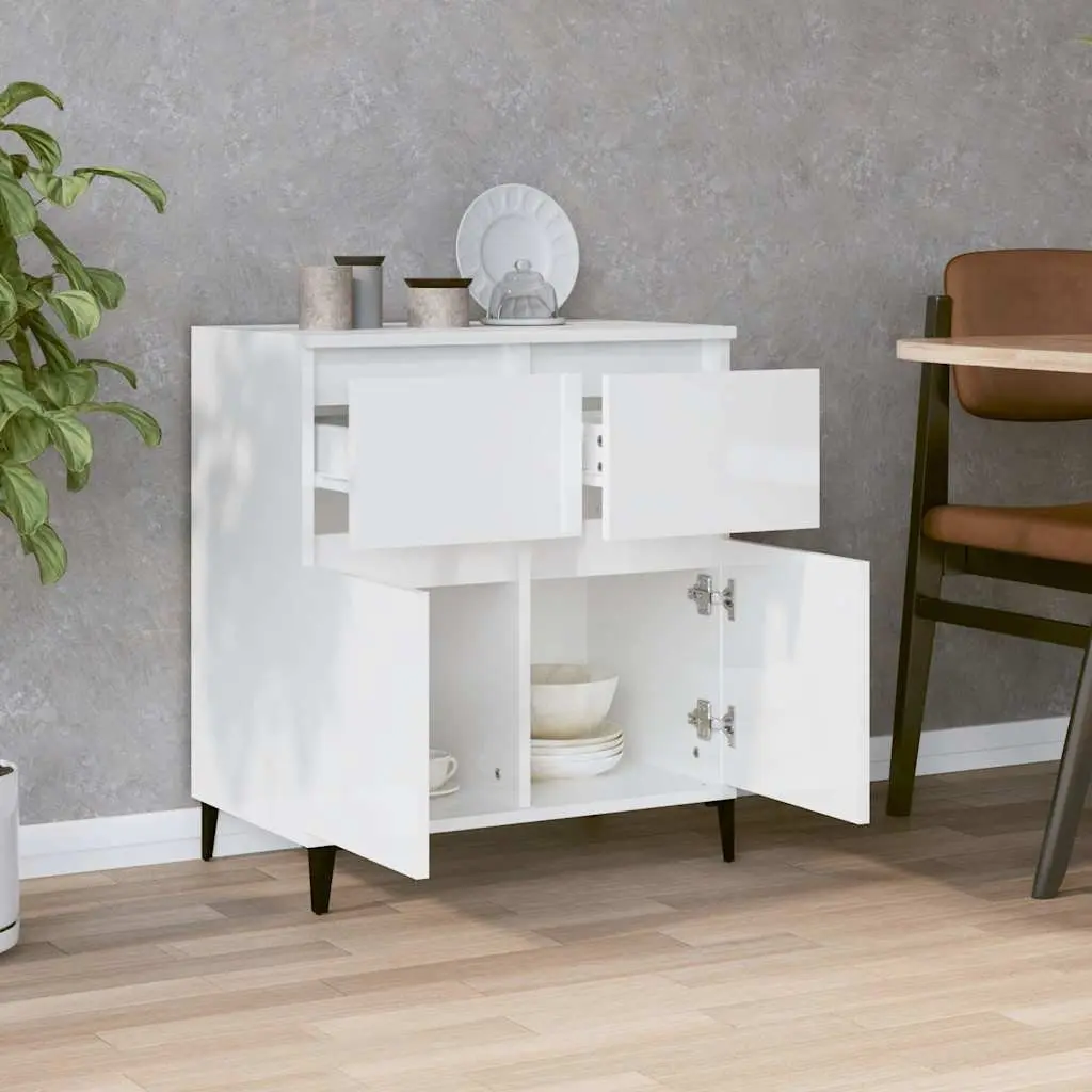 Sideboard Engineered Wood High Gloss White 60x35x70cm 2 Drawer Storage Cabinet