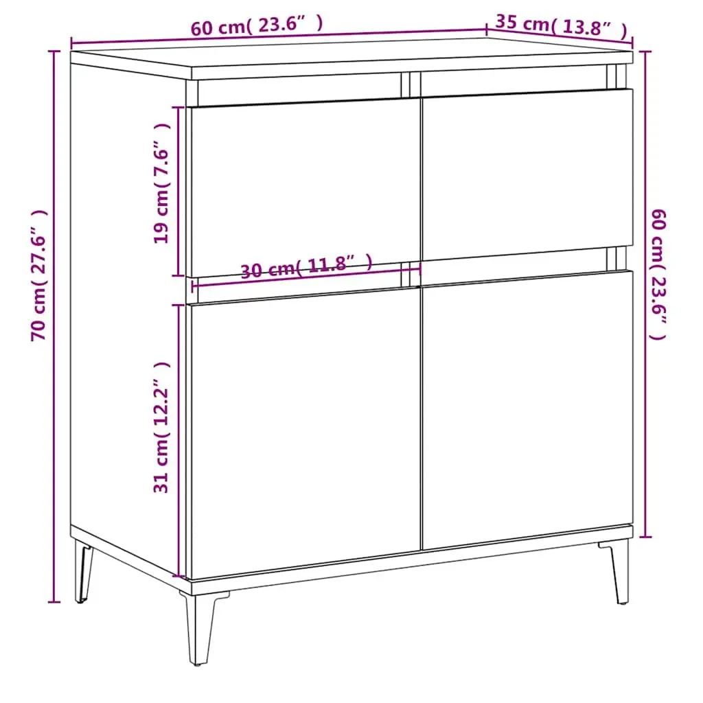 Sideboard Engineered Wood High Gloss White 60x35x70cm 2 Drawer Storage Cabinet