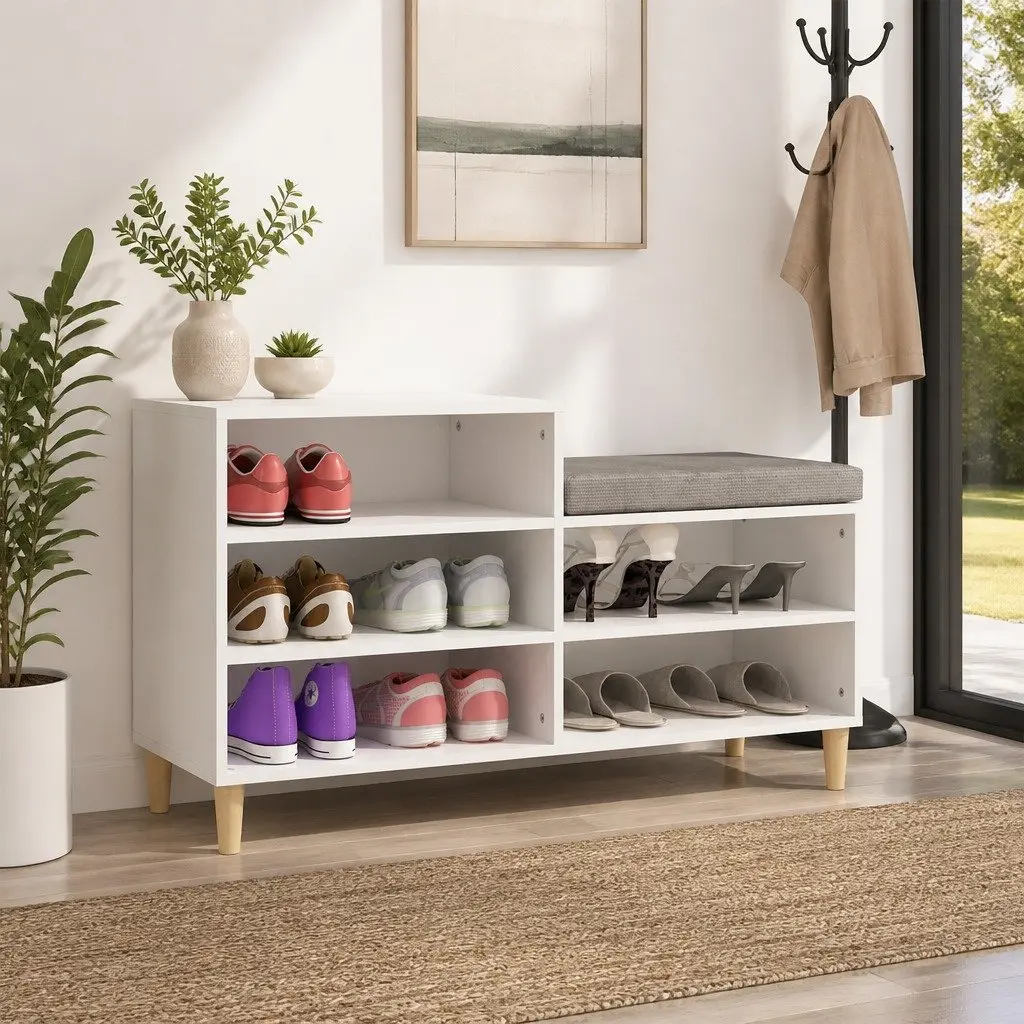 Shoe Cabinet Engineered Wood 102 x 36 x 60 cm White High Gloss 5 Compartments Wooden Legs