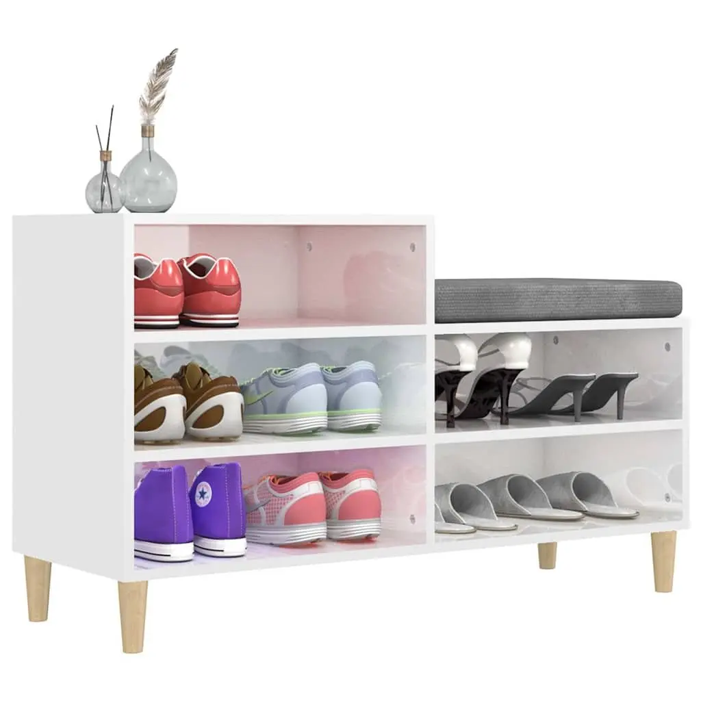 Shoe Cabinet Engineered Wood 102 x 36 x 60 cm White High Gloss 5 Compartments Wooden Legs