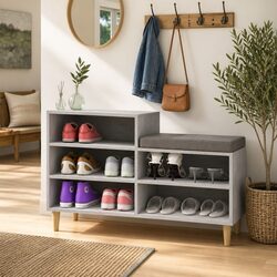 Shoe Cabinet Grey Storage Organiser Engineered Wood 5 Compartments Wooden Legs