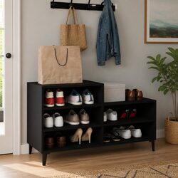 Shoe Cabinet Storage Organiser Black Engineered Wood 5 Shelf Compact Wardrobe