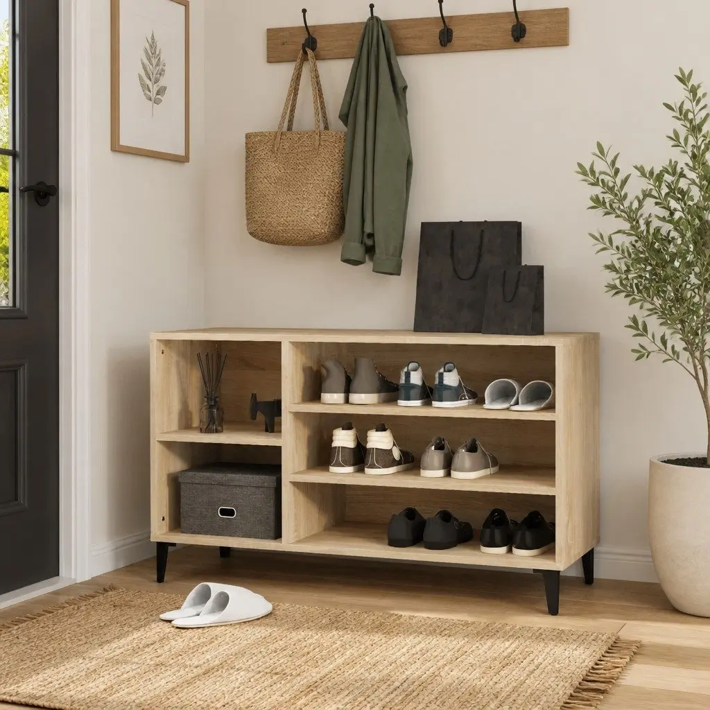 Shoe Storage Cabinet Beige Engineered Wood Organiser 102cm Wide Hallway Furniture Unit