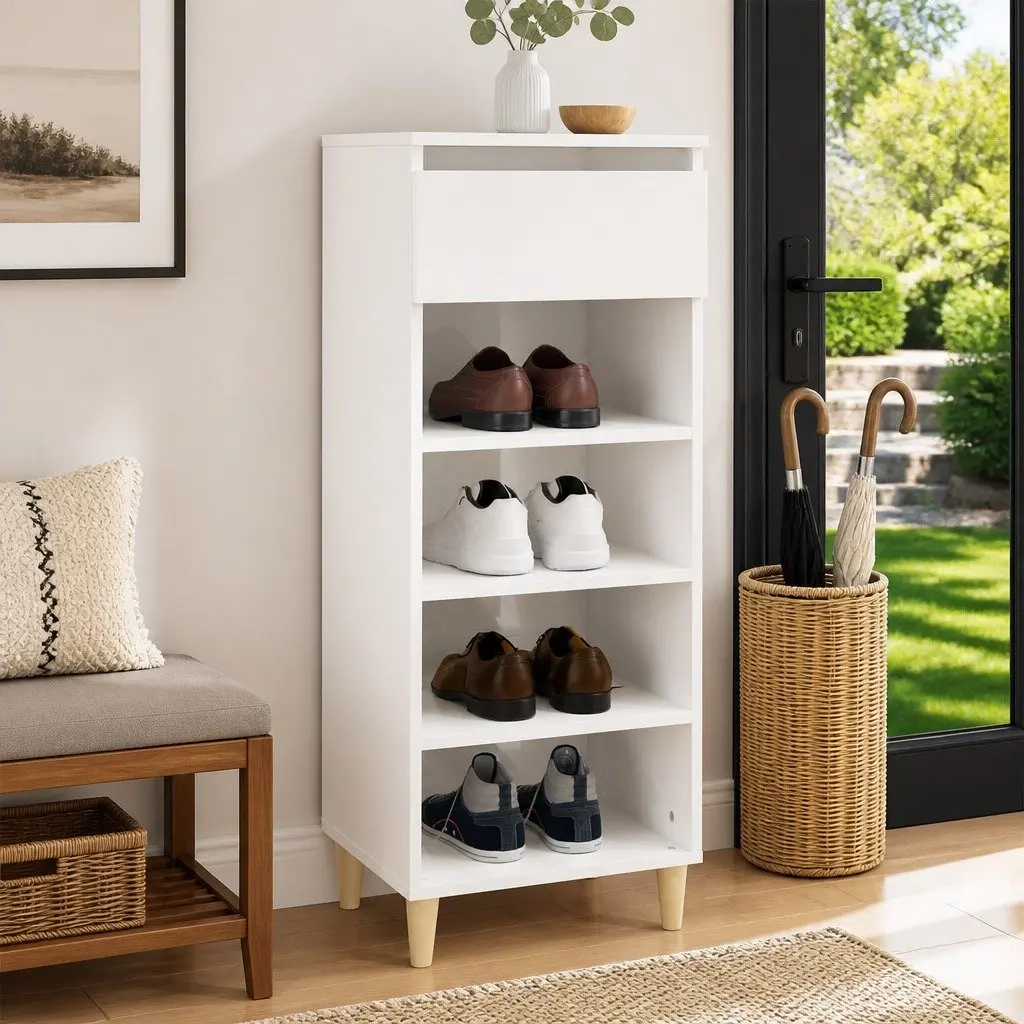 Shoe Cabinet Engineered Wood 40x36x105cm High Gloss White 4 Shelves with Drawer Storage Organiser
