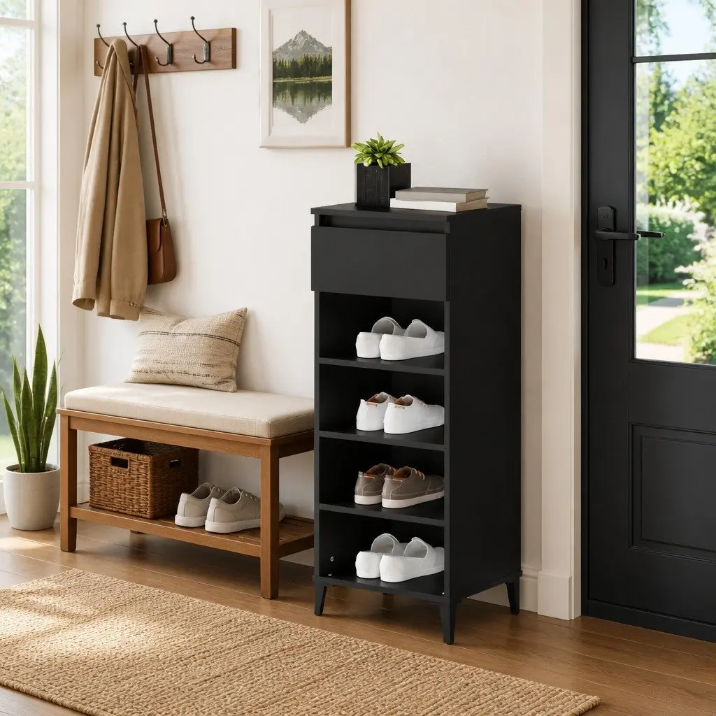 Shoe Rack Storage Cabinet Black Engineered Wood Shelves Drawer Organiser Unit
