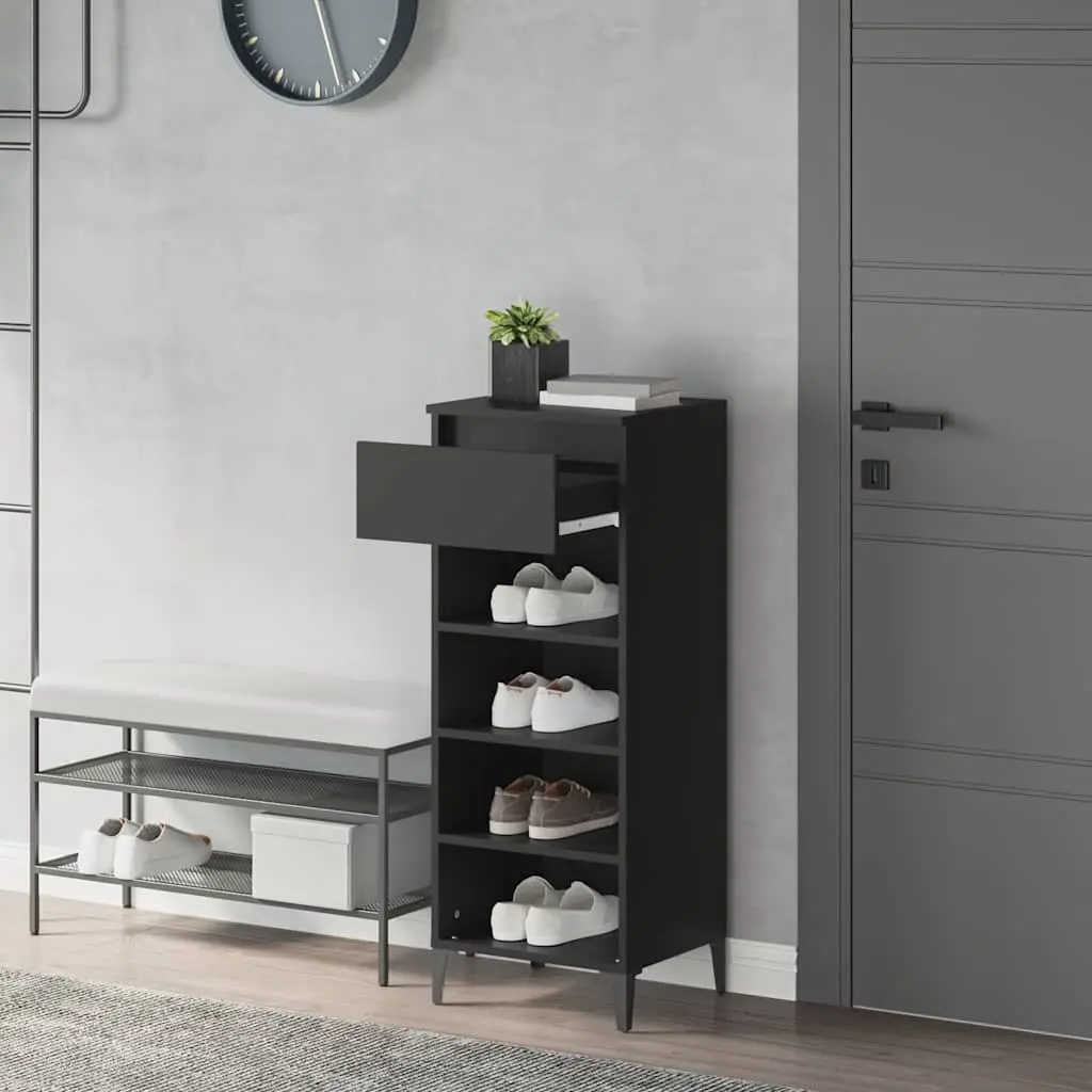 Shoe Rack Storage Cabinet Black Engineered Wood Shelves Drawer Organiser Unit