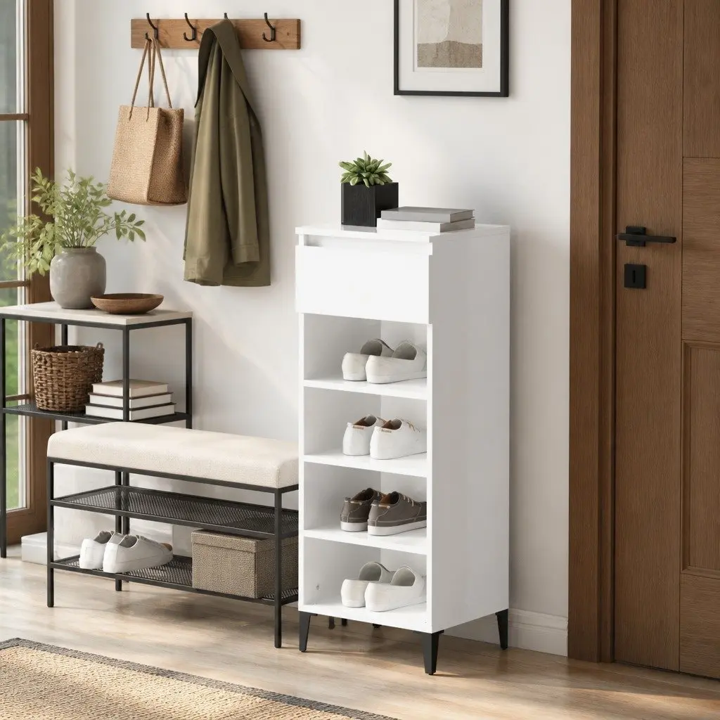 Shoe Storage Cabinet Engineered Wood High Gloss White 3 Shelves and Drawer