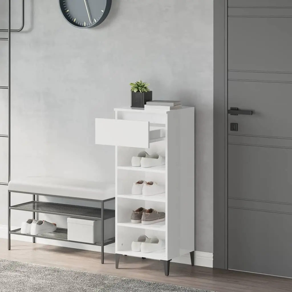 Shoe Storage Cabinet Engineered Wood High Gloss White 3 Shelves and Drawer