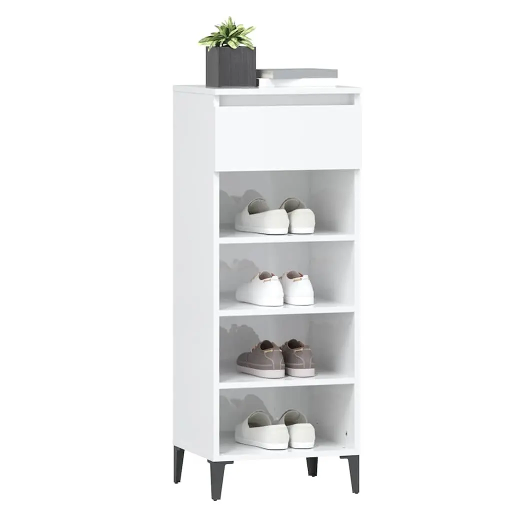 Shoe Storage Cabinet Engineered Wood High Gloss White 3 Shelves and Drawer