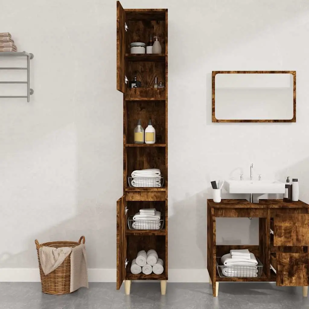 Bathroom Storage Cabinet Engineered Wood Brown 30x30x190cm with 6 Compartments and Eucalyptus Wood Feet