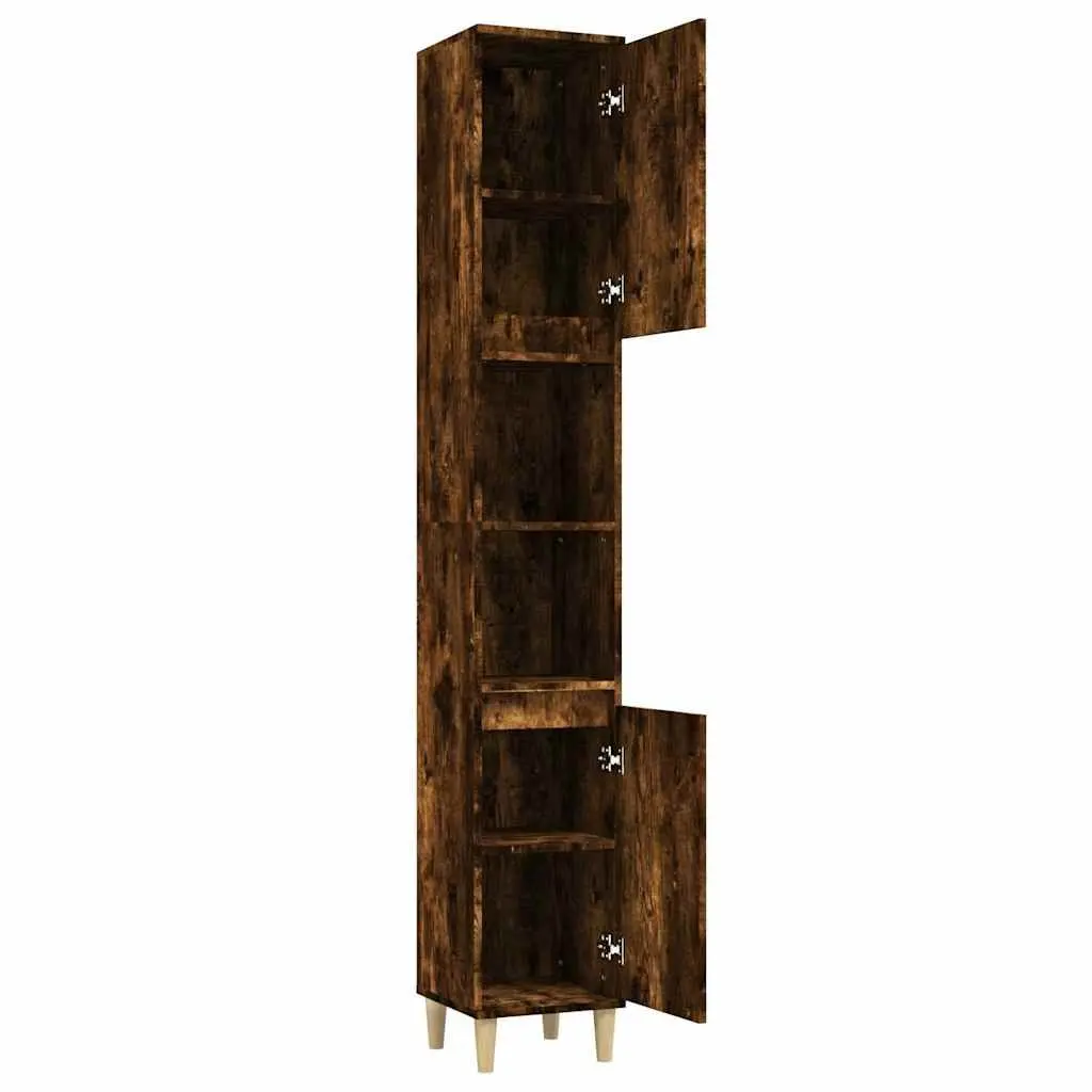 Bathroom Storage Cabinet Engineered Wood Brown 30x30x190cm with 6 Compartments and Eucalyptus Wood Feet