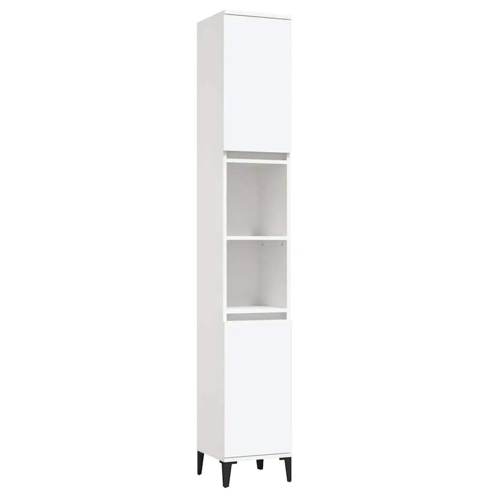 Bathroom Cabinet Engineered Wood Storage Unit White 30x30x190cm with 2 Shelves and Metal Feet