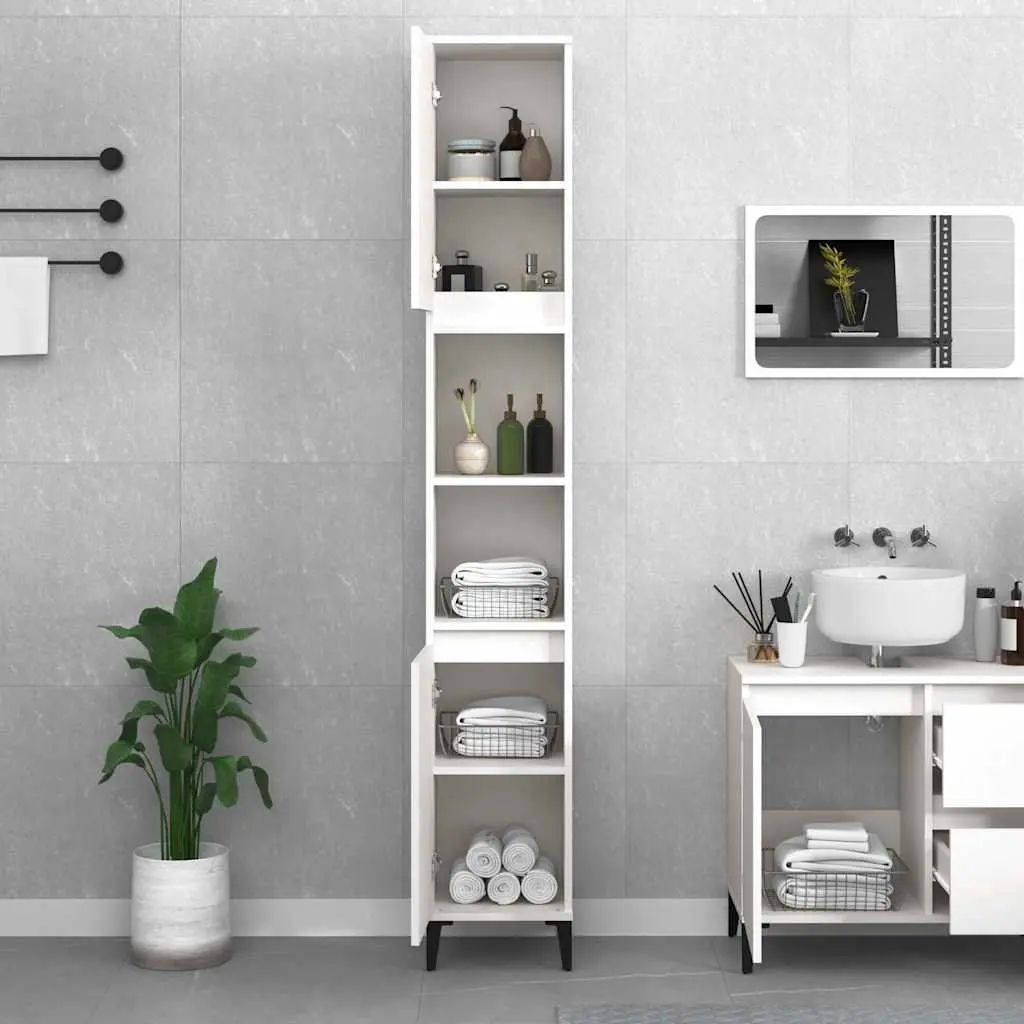 Bathroom Cabinet Engineered Wood Storage Unit White 30x30x190cm with 2 Shelves and Metal Feet