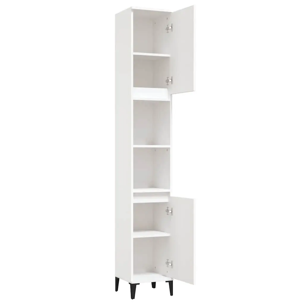 Bathroom Cabinet Engineered Wood Storage Unit White 30x30x190cm with 2 Shelves and Metal Feet