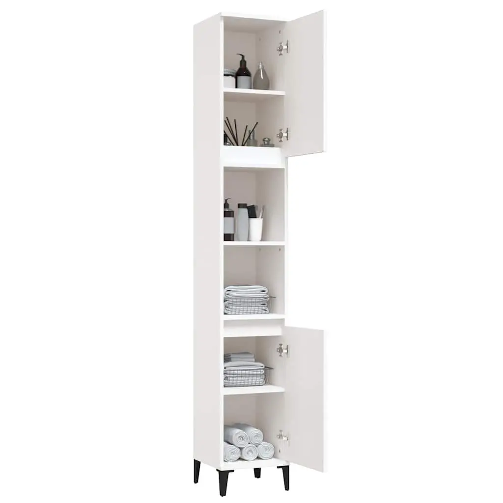 Bathroom Cabinet Engineered Wood Storage Unit White 30x30x190cm with 2 Shelves and Metal Feet