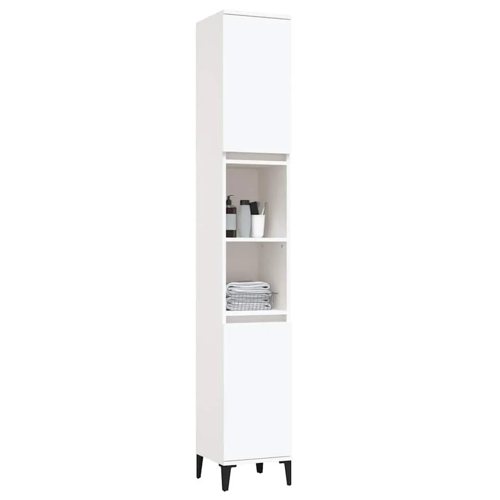 Bathroom Cabinet Engineered Wood Storage Unit White 30x30x190cm with 2 Shelves and Metal Feet