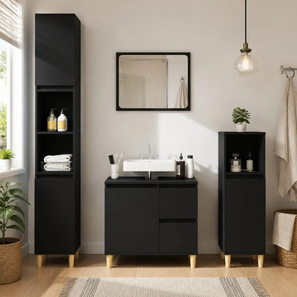 Bathroom Cabinet Engineered Wood Black 30x30x100cm