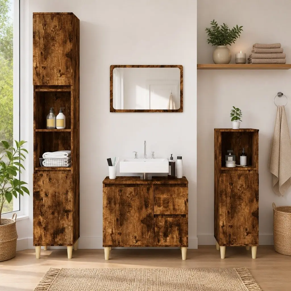 Bathroom Cabinet Smoked Oak Vanity Unit Storage Cupboard 65x33x60cm 2 Drawers