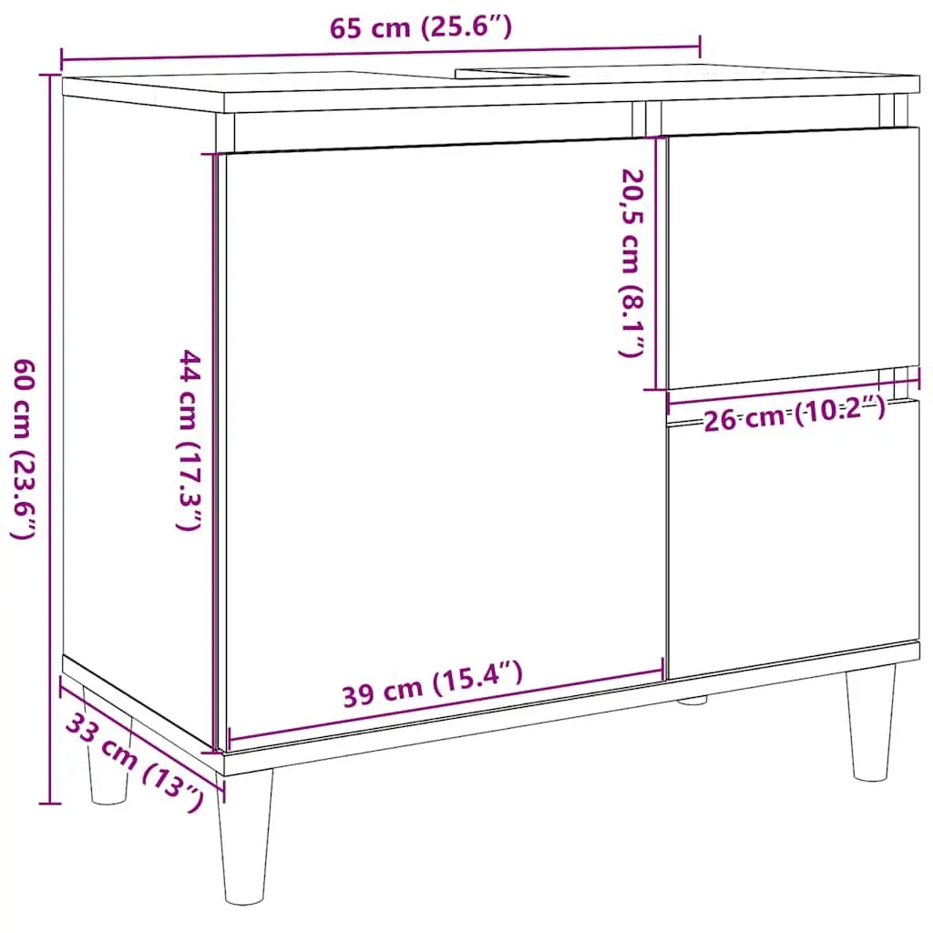 Bathroom Cabinet Engineered Wood 65x33x60cm Smoked Oak 2 Drawers